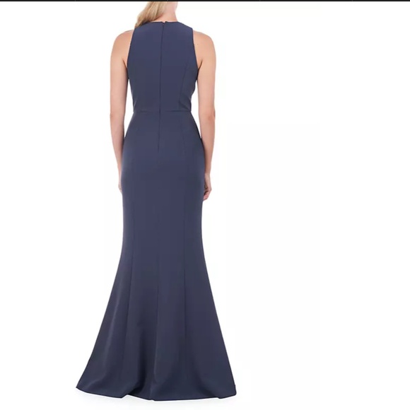 NEW KAY UNGER Prussian Blue TALIA Stretch Crepe PLEATED HALTER Column GOWN 2 - Picture 12 of 12
